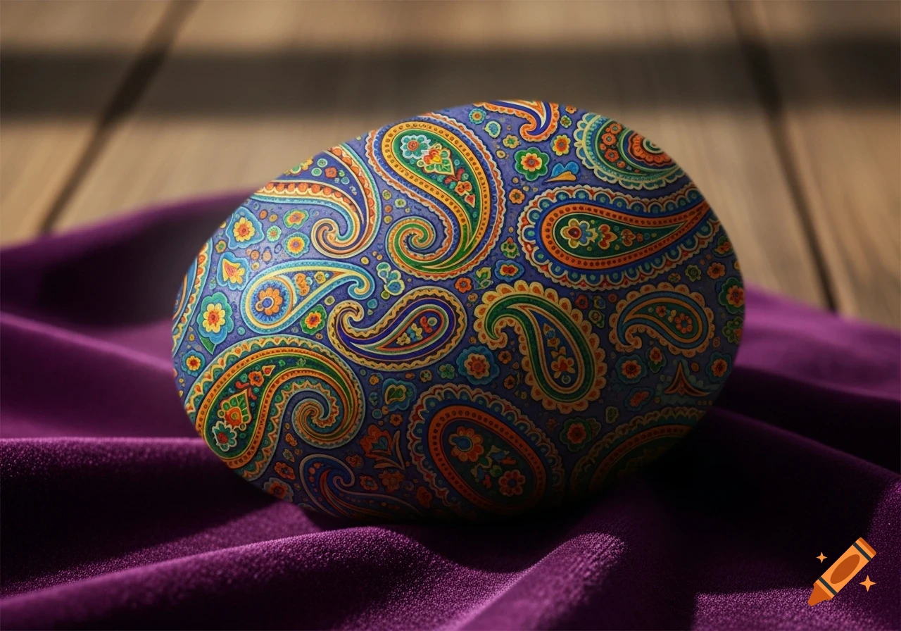 A realistic potato covered in a vibrant blue, orange, and green paisley pattern, resting on purple velvet fabric.