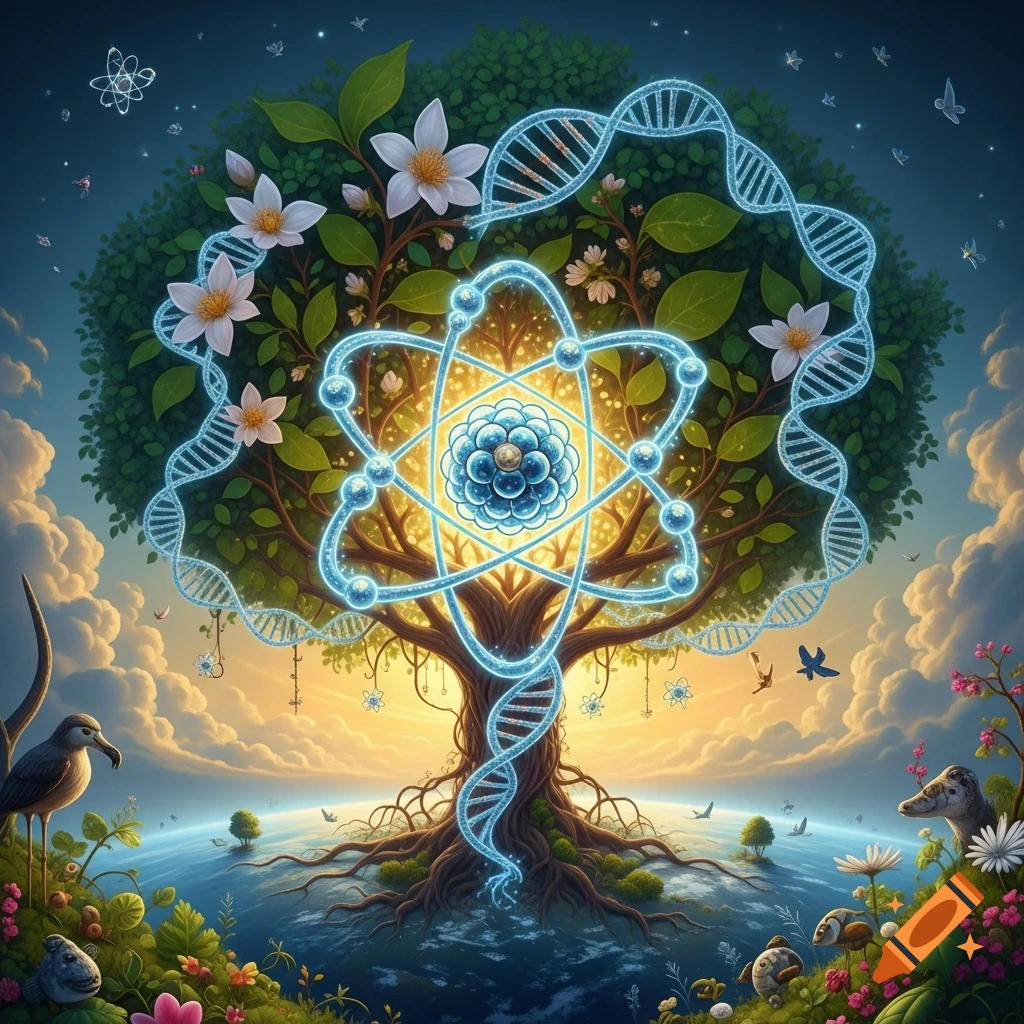 Vibrant tree of life with glowing atomic symbol and DNA helices, surrounded by nature and a sunset sky.