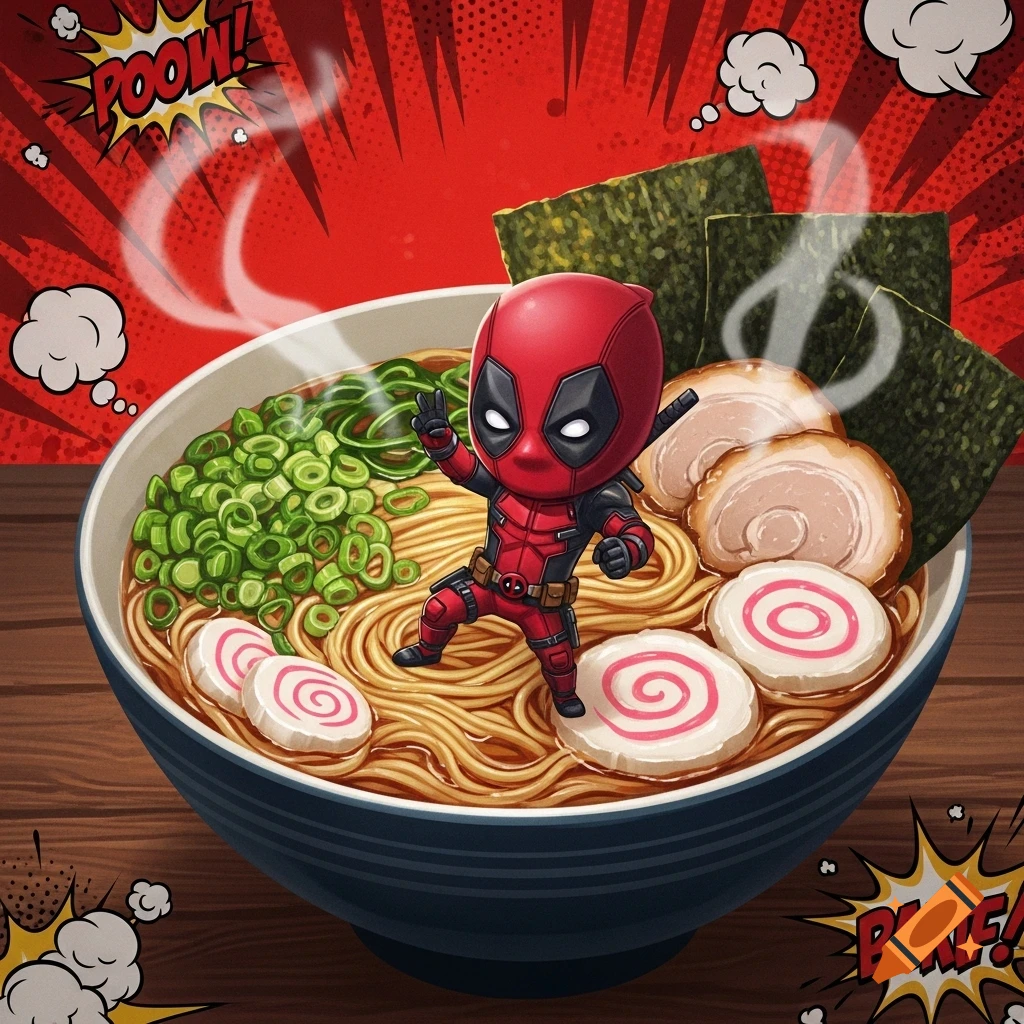 Chibi Deadpool character stands in a bowl of ramen with various toppings, rendered in a comic book art style.