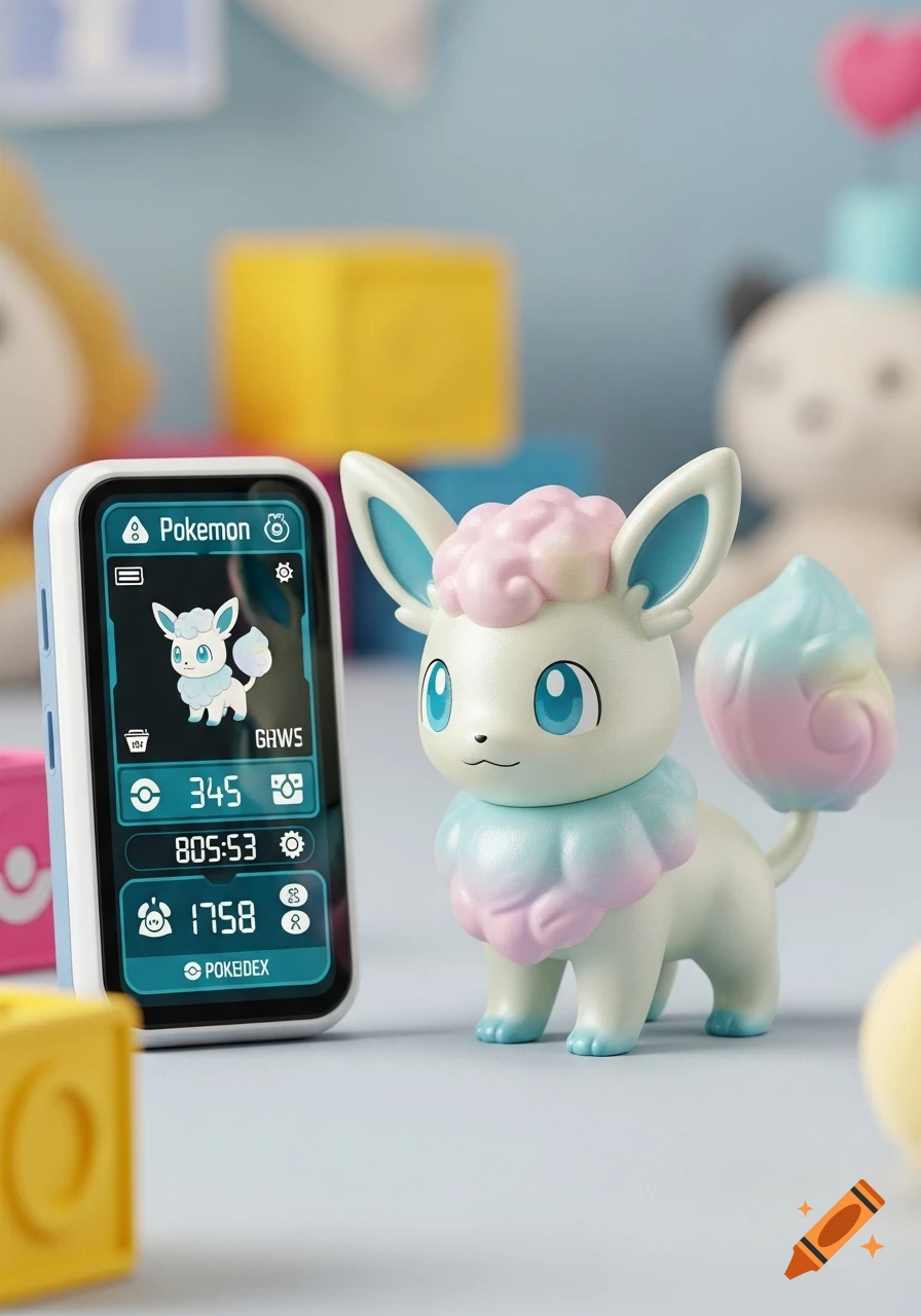 A pastel-colored, fluffy toy creature resembling a Pokémon next to a Pokedex displaying its image. Photorealistic render.