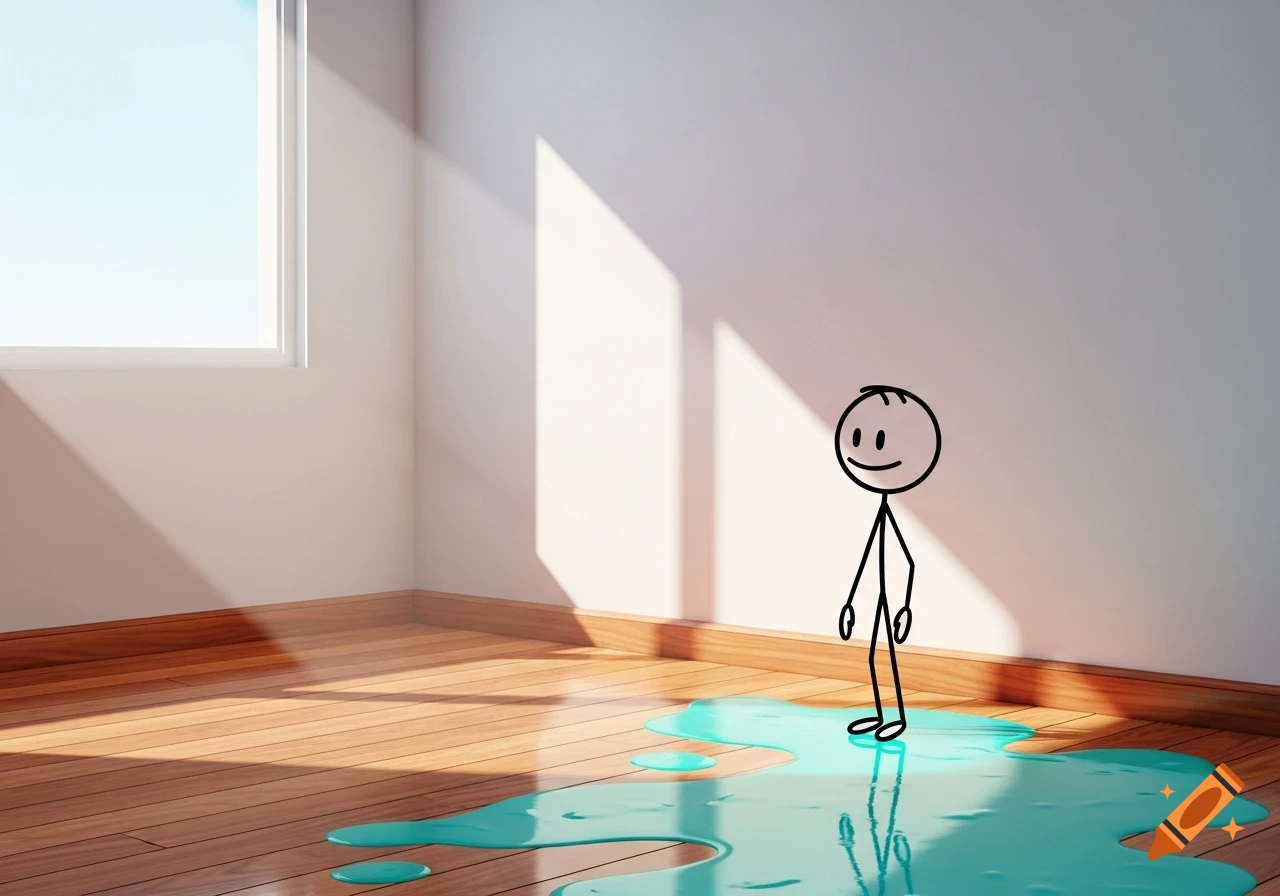 A smiling stick figure stands in a sunlit room with a wooden floor and a large puddle of blue liquid.