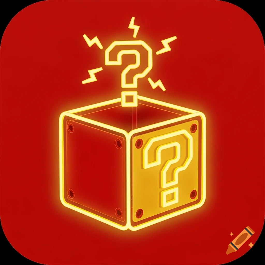 A glowing neon Mario-style question mark block with lightning bolts on a red background, designed as a 2D app icon.