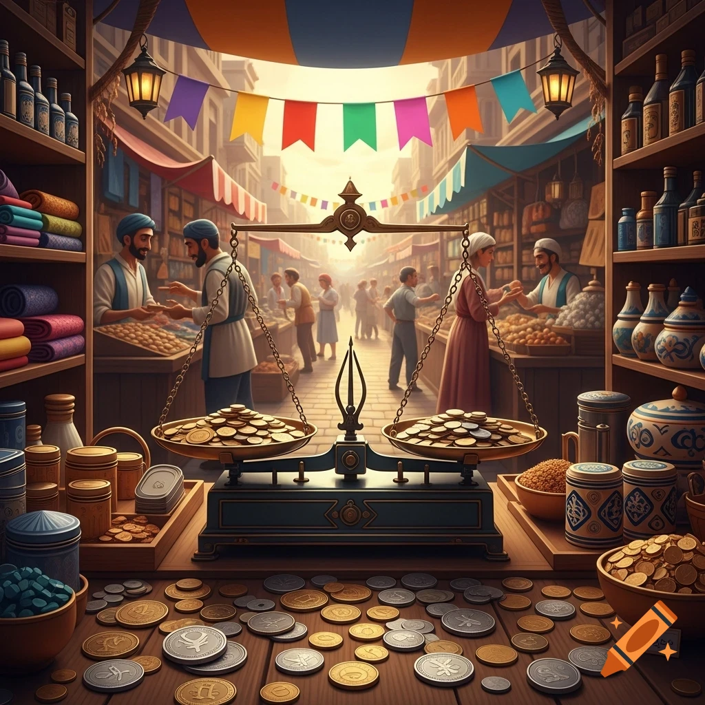 A richly detailed marketplace scene with merchants selling goods, vibrant banners overhead, and a large weighing scale in the foreground balancing piles of gold coins on a wooden counter with scattered coins and a "2cp" price tag.