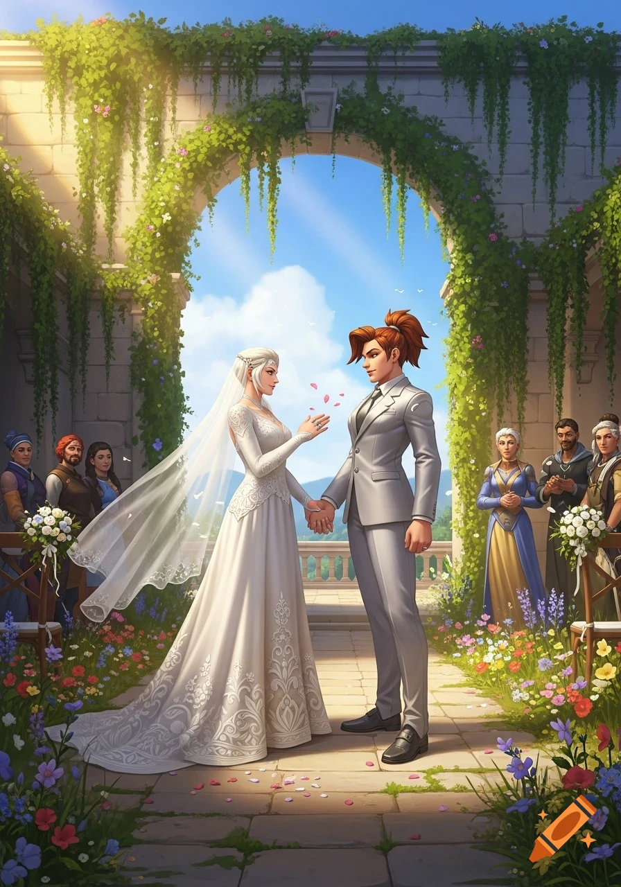 Two women, one in a white wedding gown and veil, the other in a grey suit, hold hands under a lush floral arch at an outdoor wedding ceremony.