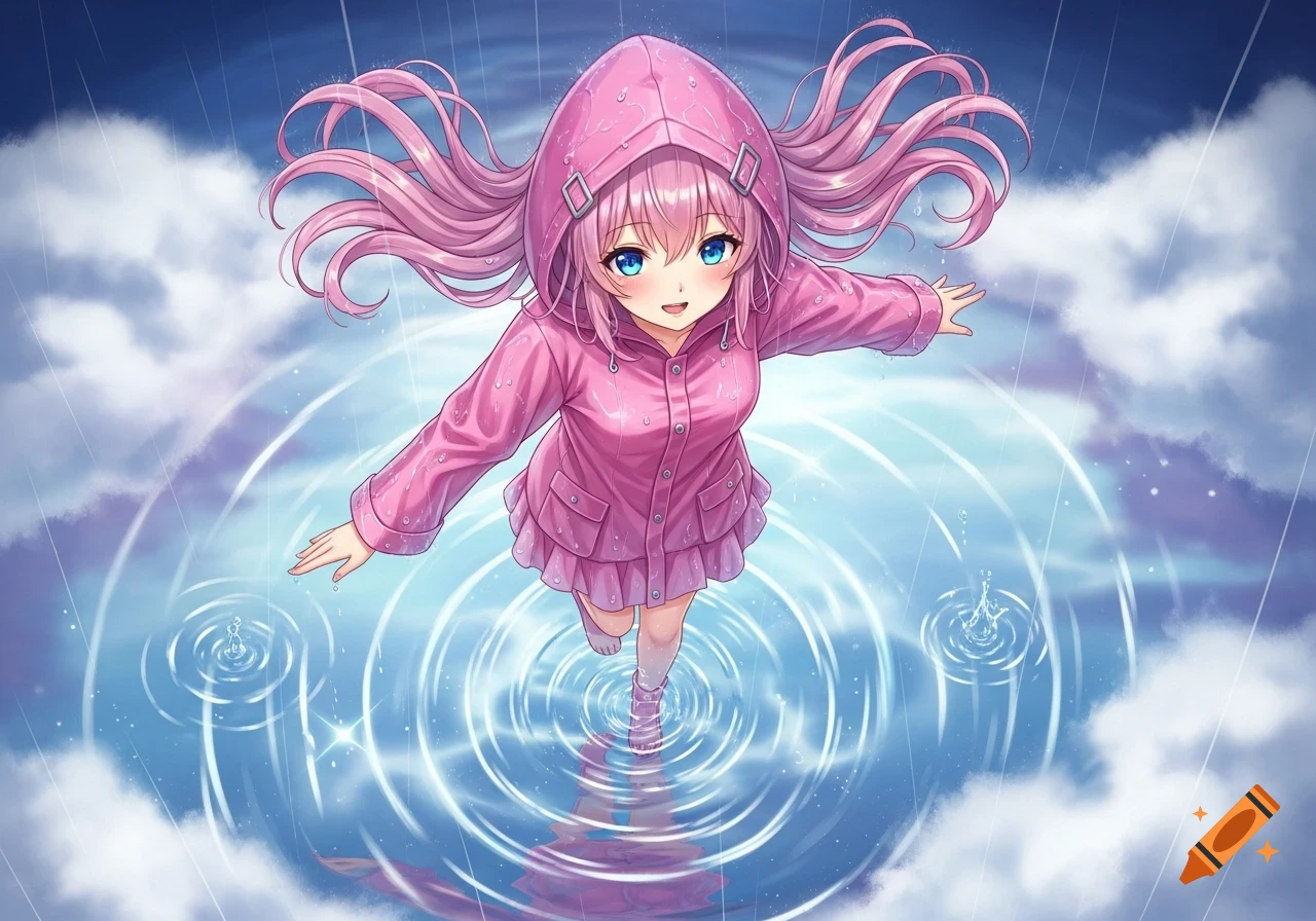 An anime girl with pink hair and blue eyes wearing a pink raincoat stands in a pool of water with ripples.