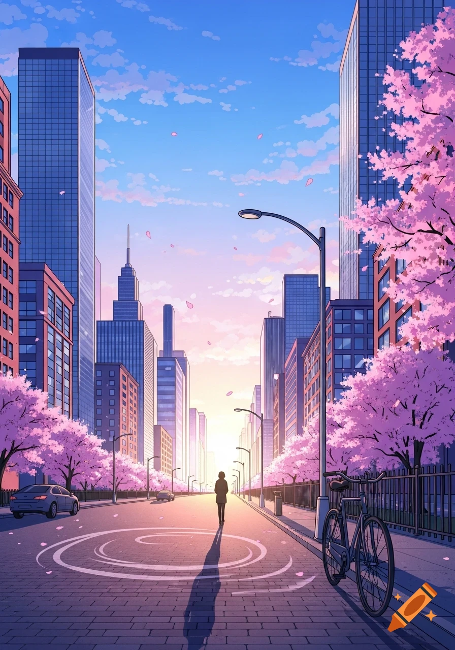 Anime style cityscape with a lone figure walking down a street lined with pink cherry blossom trees and tall buildings at sunrise.