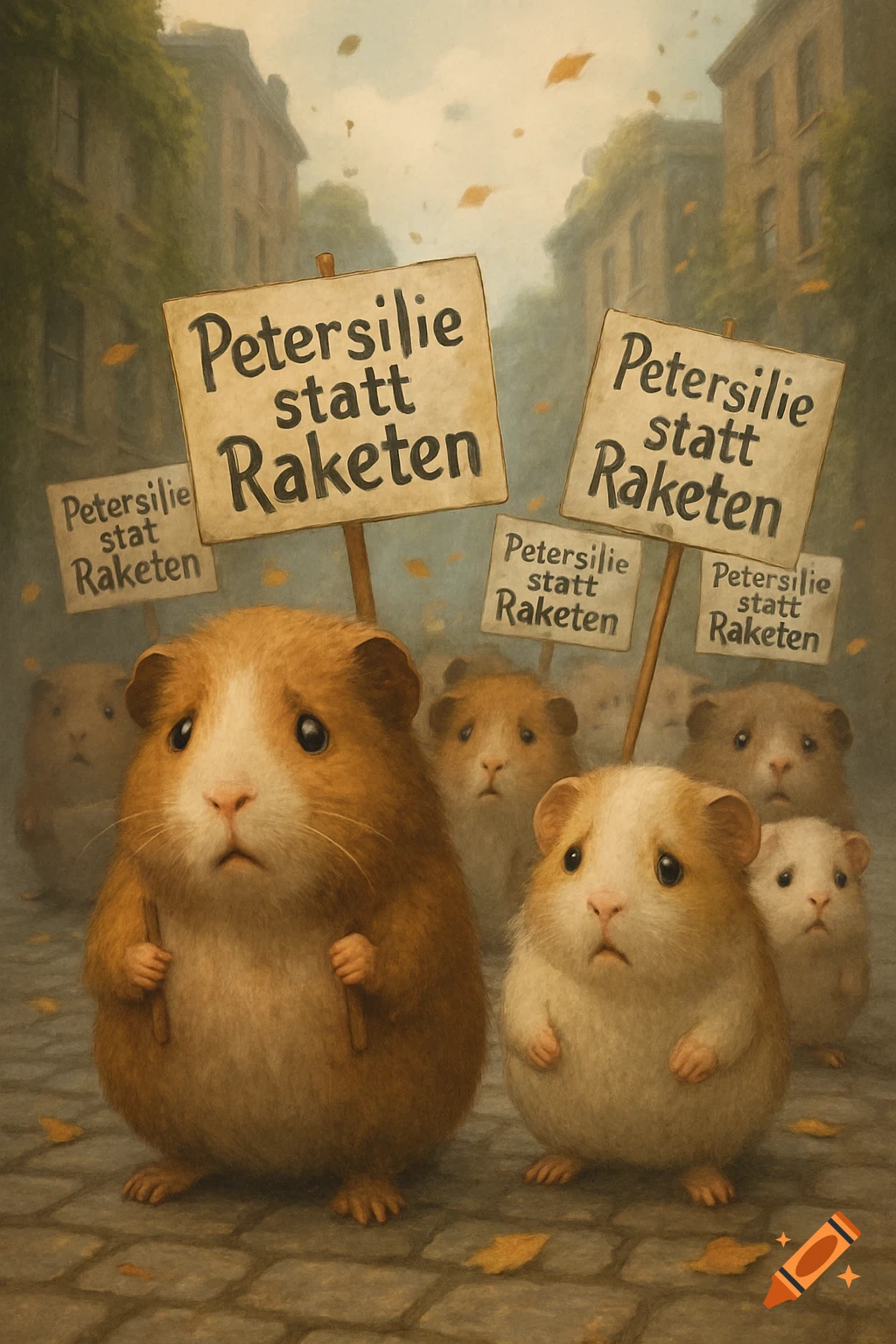 Illustration of sad guinea pigs protesting on a cobblestone street, holding signs that read 'Petersilie statt Raketen'.