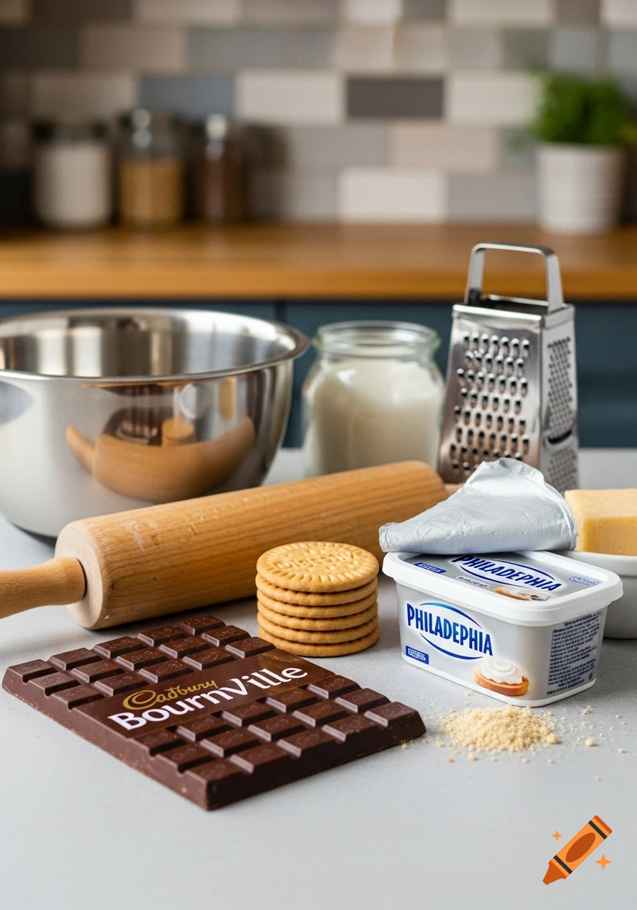 Photorealistic close-up of chocolate cheesecake ingredients: Bournville chocolate, digestive biscuits, Philadelphia cream cheese, bowl, rolling pin, grater.