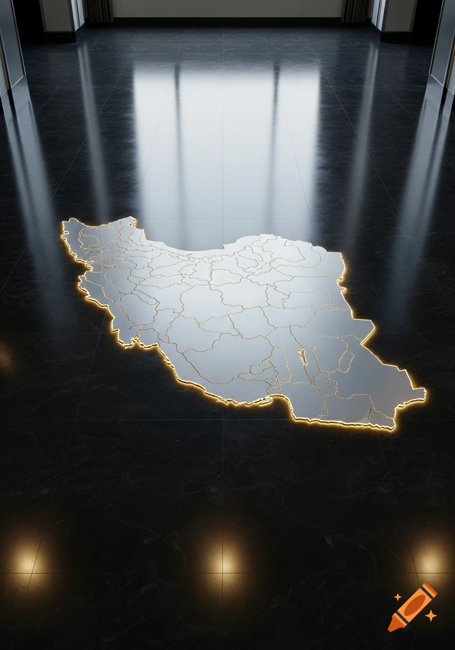 Glowing map of Iran with internal borders on a dark, reflective tiled floor with window reflections.