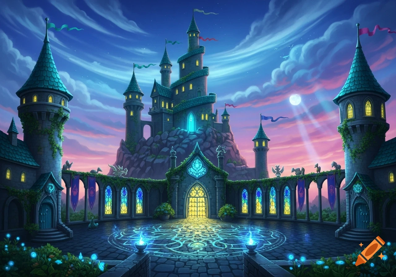 A vibrant fantasy castle with glowing windows and magical symbols on a courtyard, under a twilight sky with a full moon.
