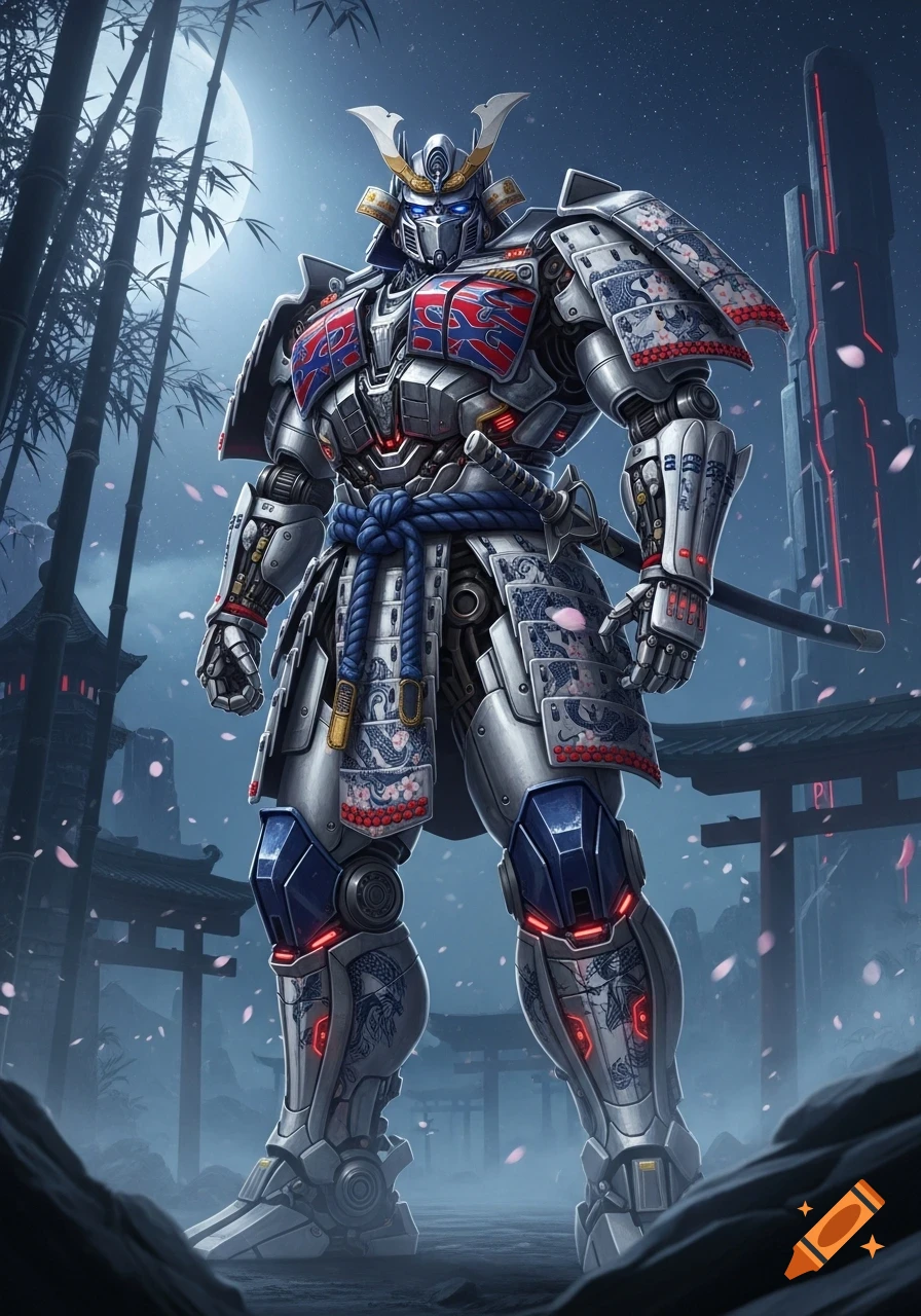 A robot resembling Optimus Prime in ornate white samurai armor, standing in a moonlight Japanese bamboo forest with torii gates.
