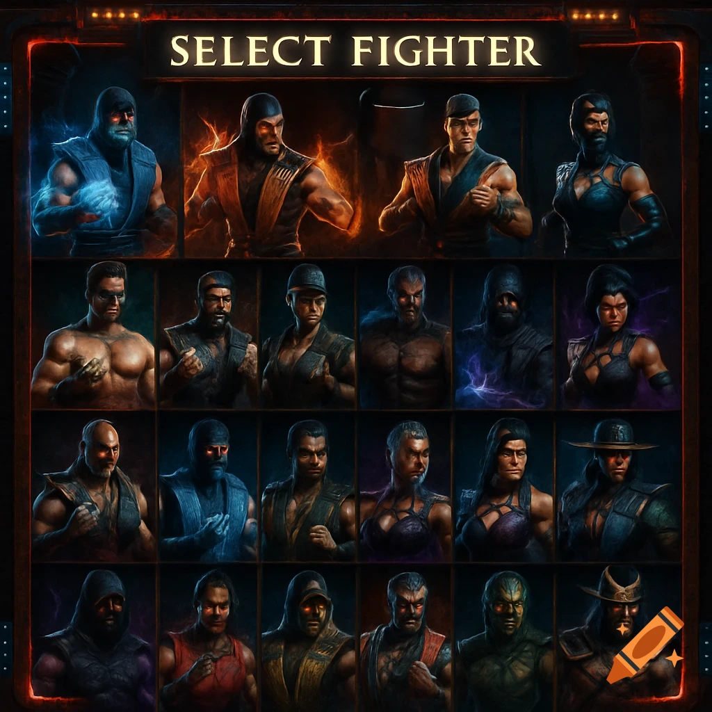 A video game character select screen with twenty male and female fighters in a grid, stylized as martial artists, under the text "SELECT FIGHTER".