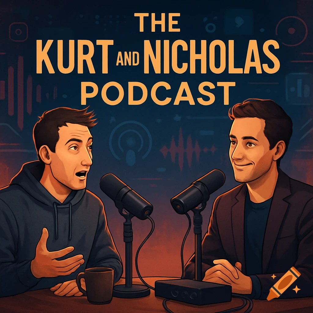 Two men at a table with microphones for 'The Kurt and Nicholas Podcast' in a vibrant illustrated style.
