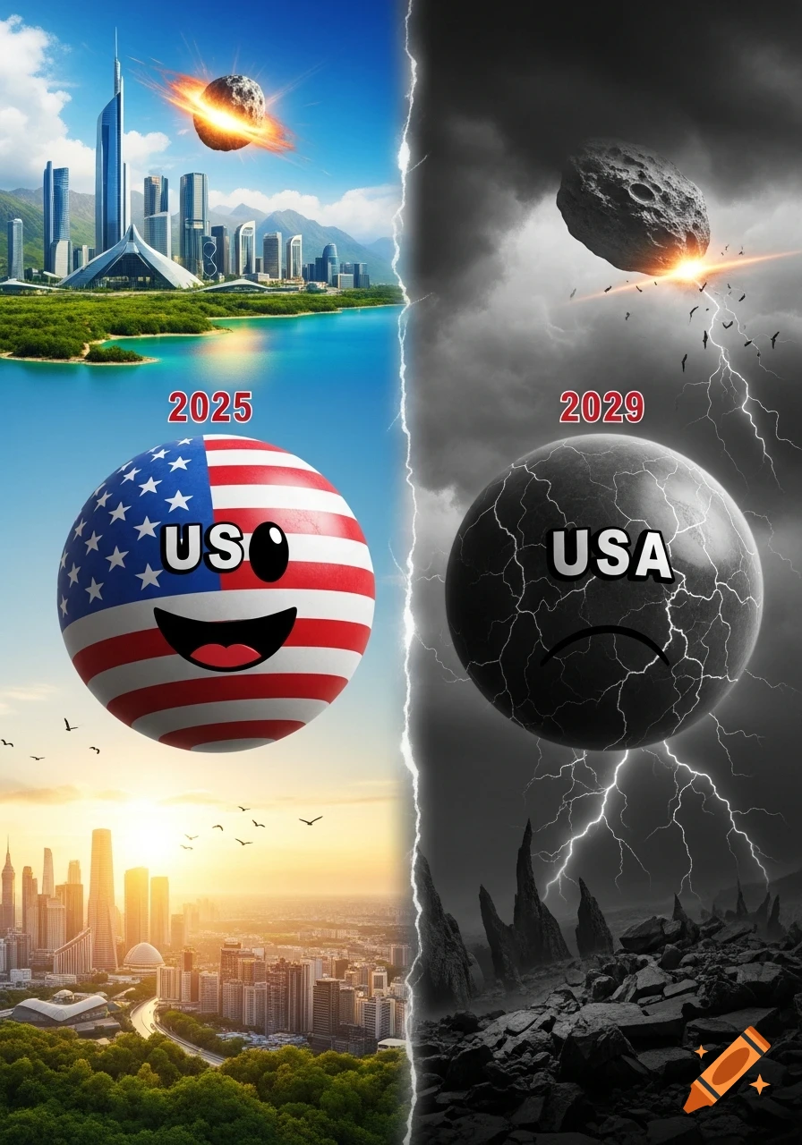 Split image: a happy USA ball and futuristic city in 2025, a cracked USA ball and dystopian ruins in 2029.