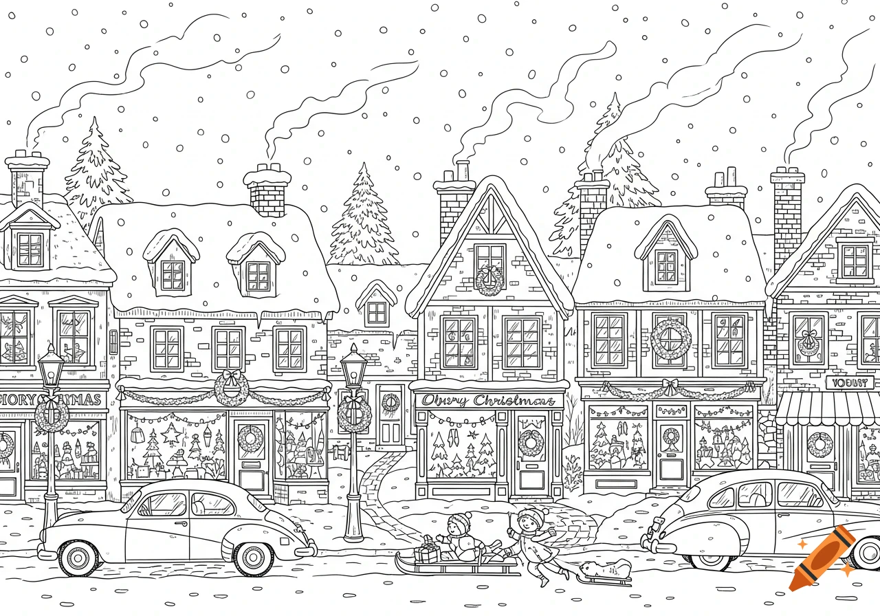 A black and white doodle of a 1950s Christmas village scene with snow, shops, classic cars, and children sledding.
