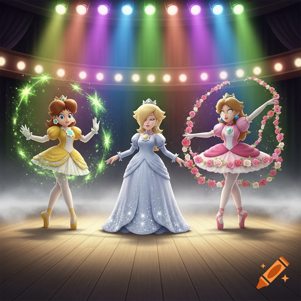 Princess Daisy, Rosalina, and Princess Peach as ballerinas on a stage with colorful spotlights and magical effects.