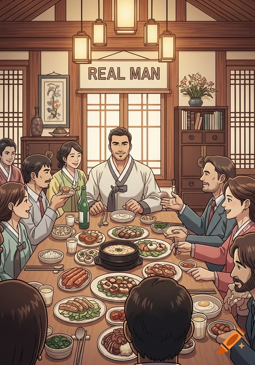 An illustration of people in a traditional Korean setting, having a large meal at a table with a man in hanbok at the head. A sign says 'REAL MAN'.