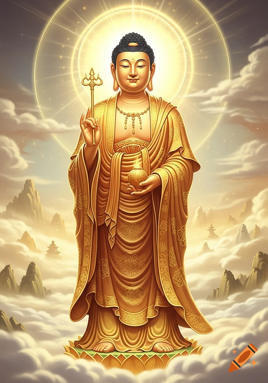 An ornate golden Jizo Bodhisattva stands glowing among clouds and mountains, holding a staff and a sphere.