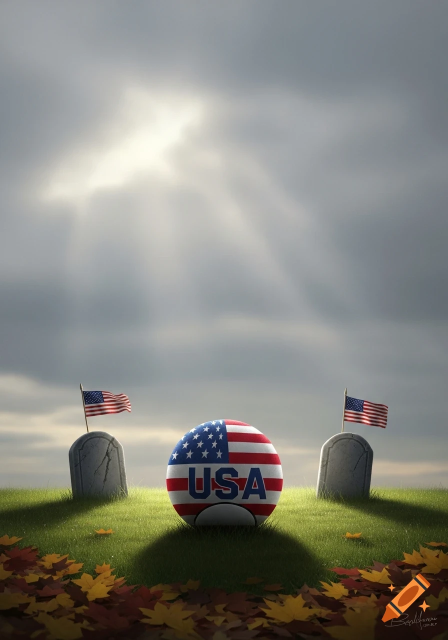 A USA country ball sits between two gravestones with American flags, surrounded by grass and autumn leaves under a cloudy, sunlit sky.