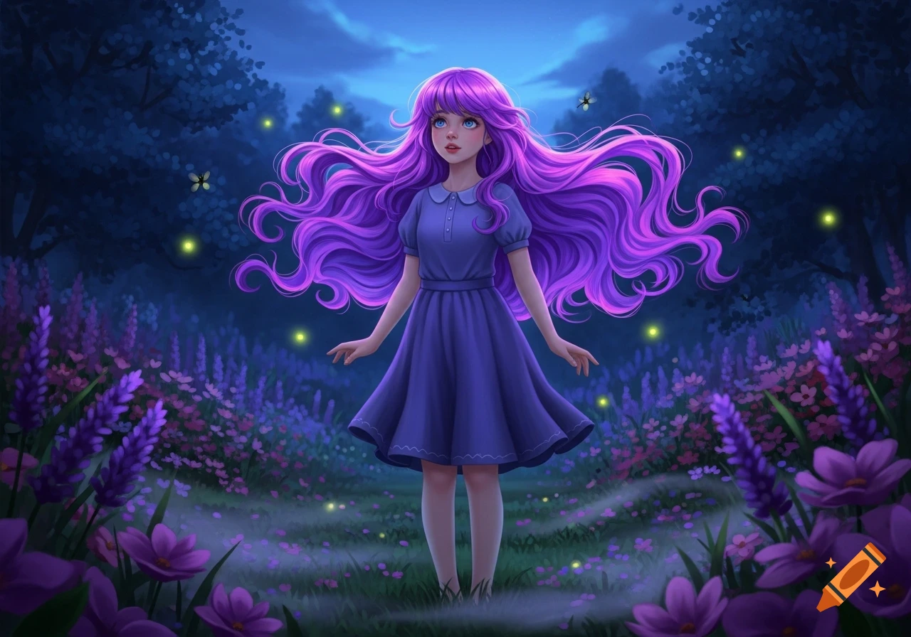 Fantasy digital art of a girl with long purple hair in a blue dress, standing in a moonlit field of purple flowers with fireflies.