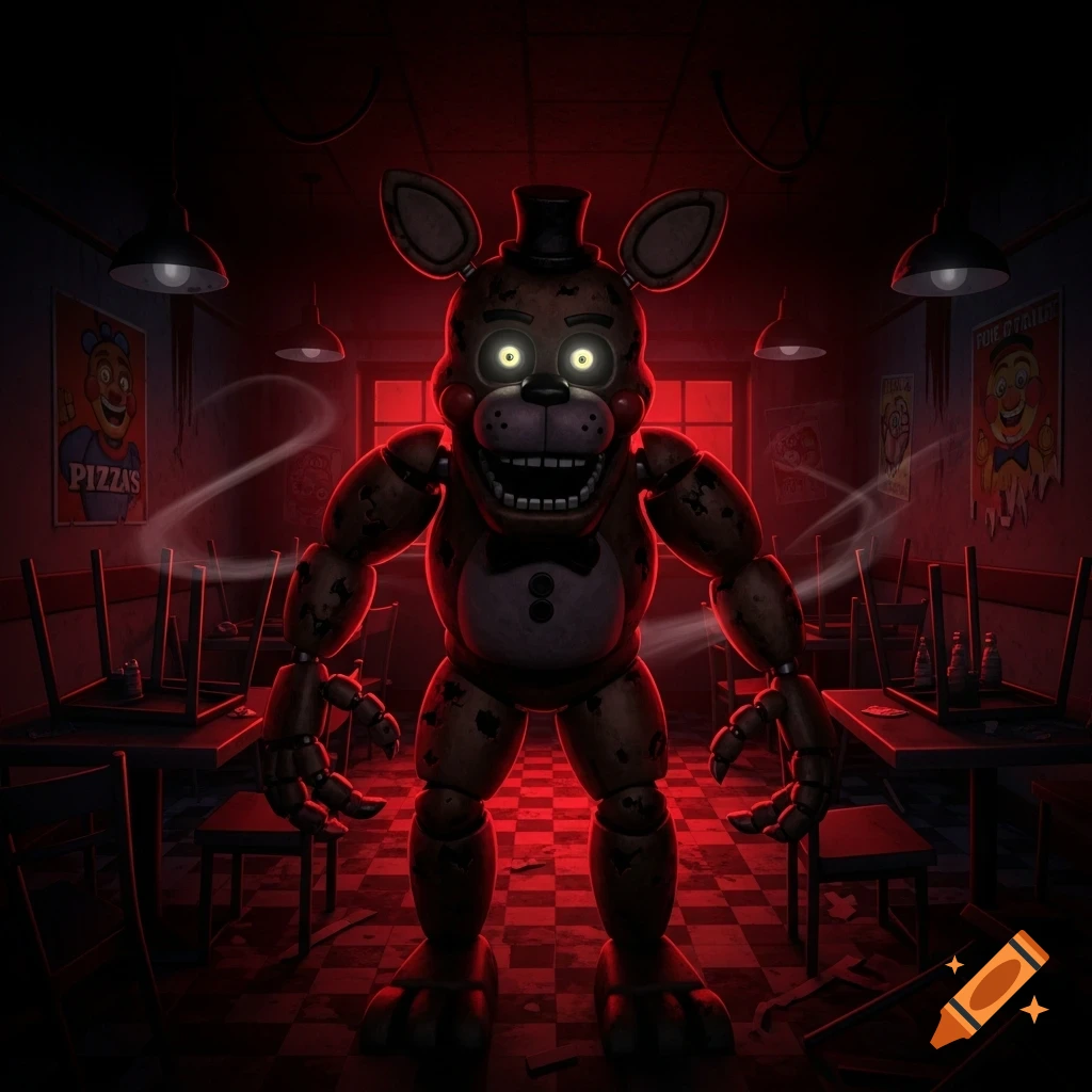 A terrifying brown animatronic bear with glowing yellow eyes stands in a red-lit, abandoned diner with overturned chairs and posters on the wall.