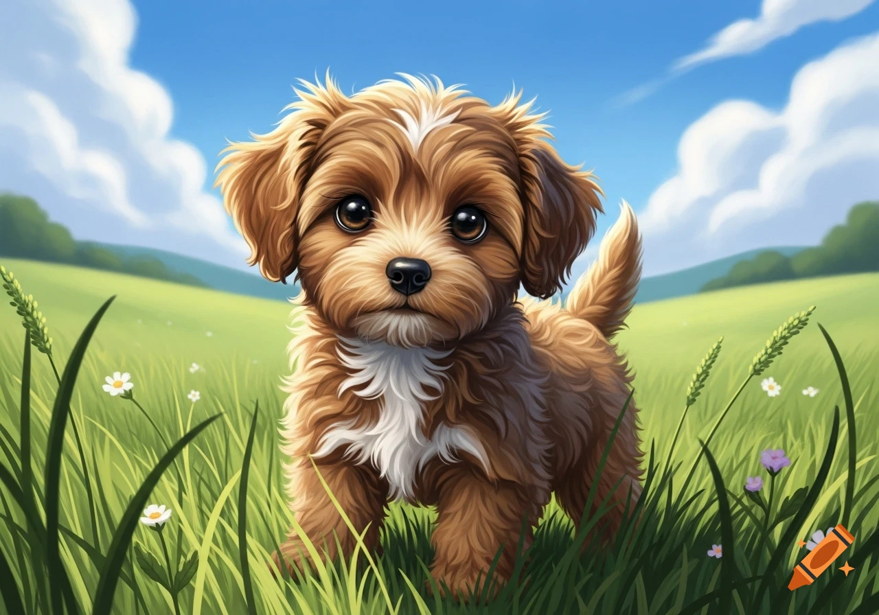 A fluffy brown Maltipoo puppy with white markings stands in a bright green grassy field under a blue sky, in an illustrative style.
