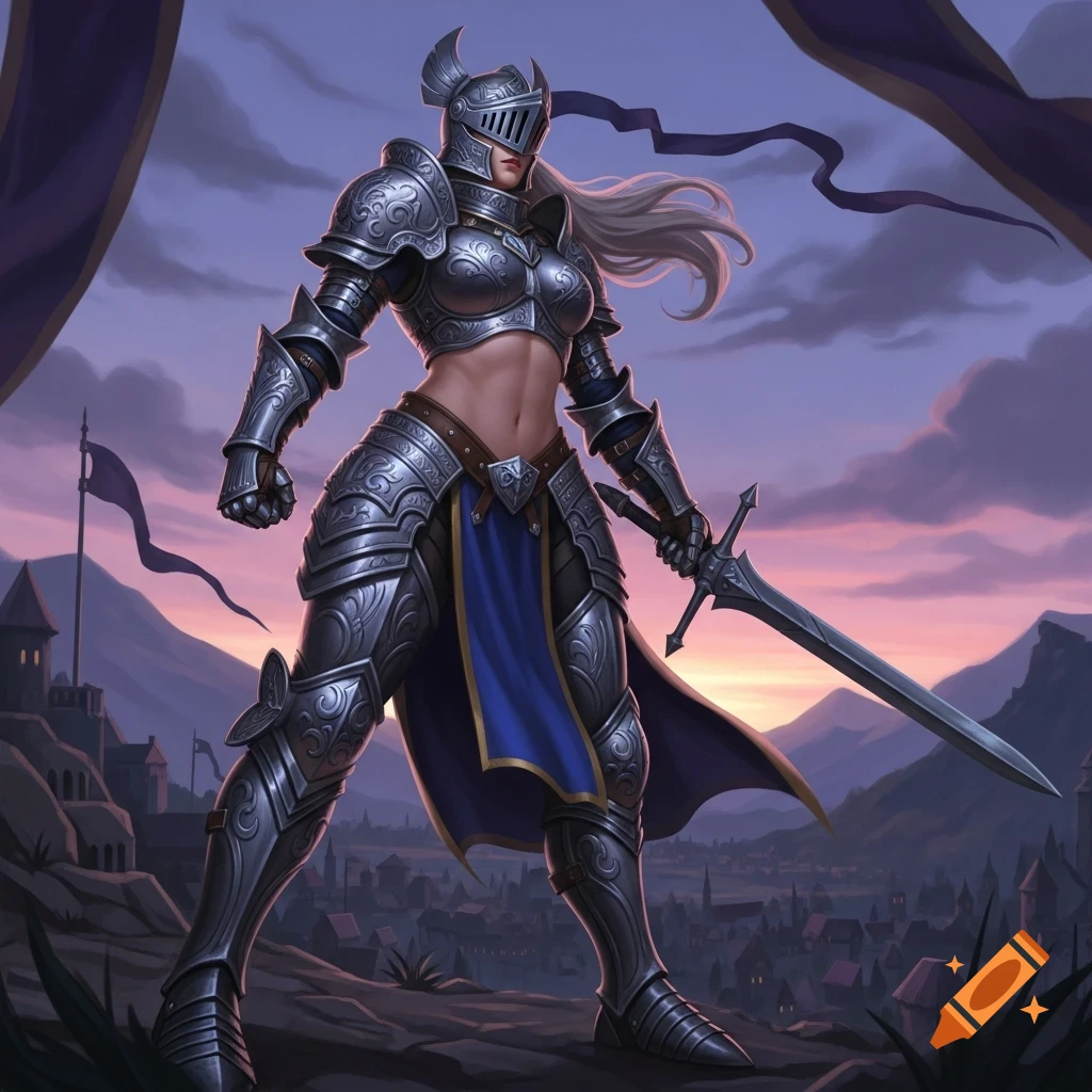 A powerful female knight in ornate silver armor stands with a sword, midriff exposed, against a fantasy sunset over a town.