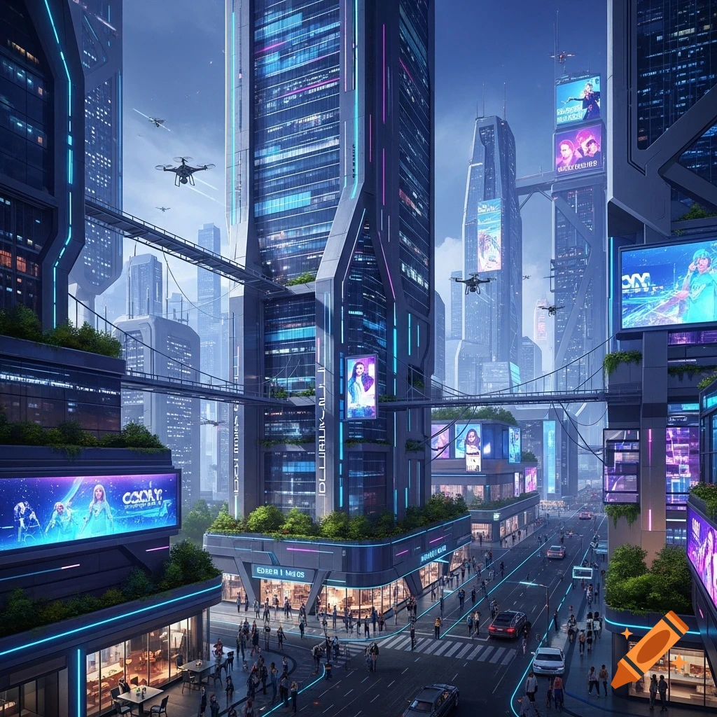 A vibrant, detailed futuristic city at dusk, featuring towering skyscrapers with neon lights, aerial drones, and busy streets with pedestrians and cars.