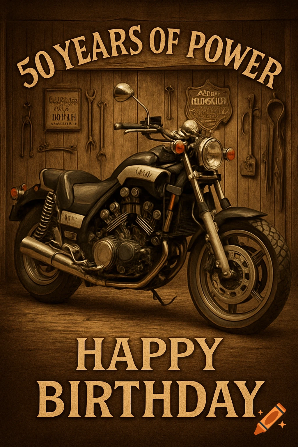 Vintage birthday card design with a classic Yamaha V-Max motorcycle in a rustic garage, featuring the text "50 Years of Power" and "Happy Birthday" in sepia tones.