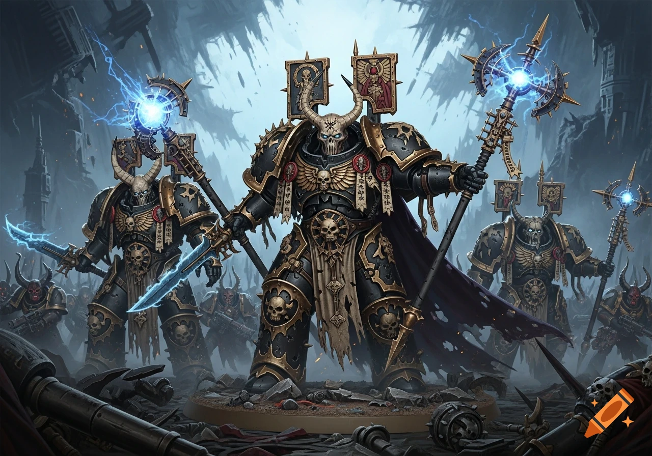Armored, skull-faced daemonic figures with horns, wielding glowing weapons and staves, stand on an apocalyptic battlefield in a grimdark sci-fi style.