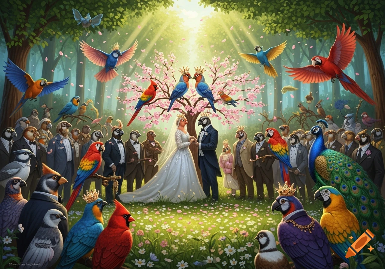 Whimsical illustration of a bird wedding in an enchanted forest with cherry blossoms, attended by numerous birds in formal wear.