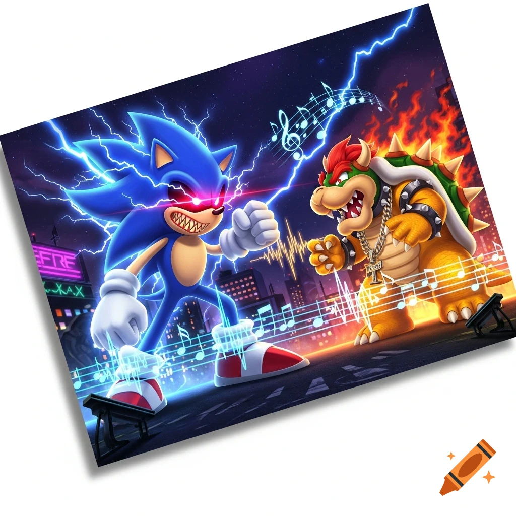 Sonic the Hedgehog, electrified and menacing, confronts a chain-wearing Bowser amidst a city night with lightning, fire, and musical notes.