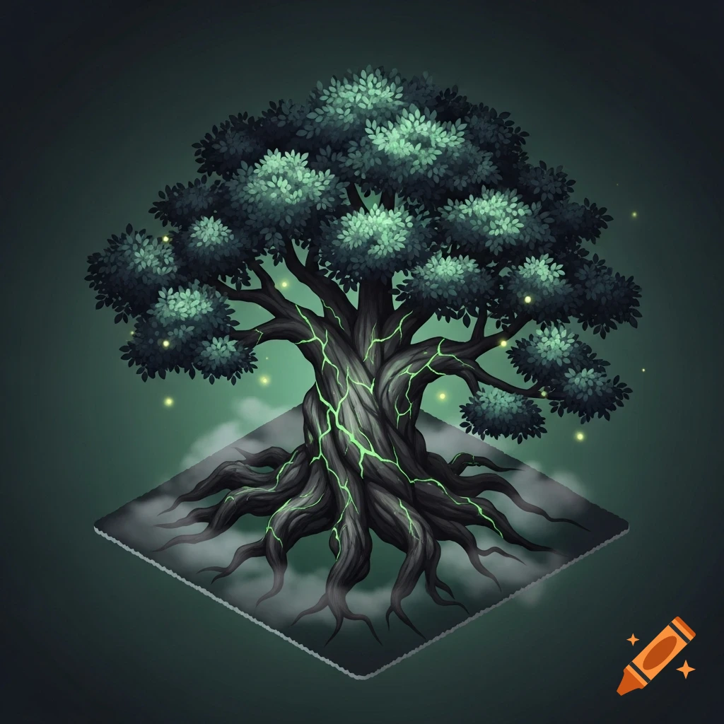 An isometric dark fantasy tree with glowing green cracks on its dark bark and roots, and light green leaves, emerging from mist on a grey platform.