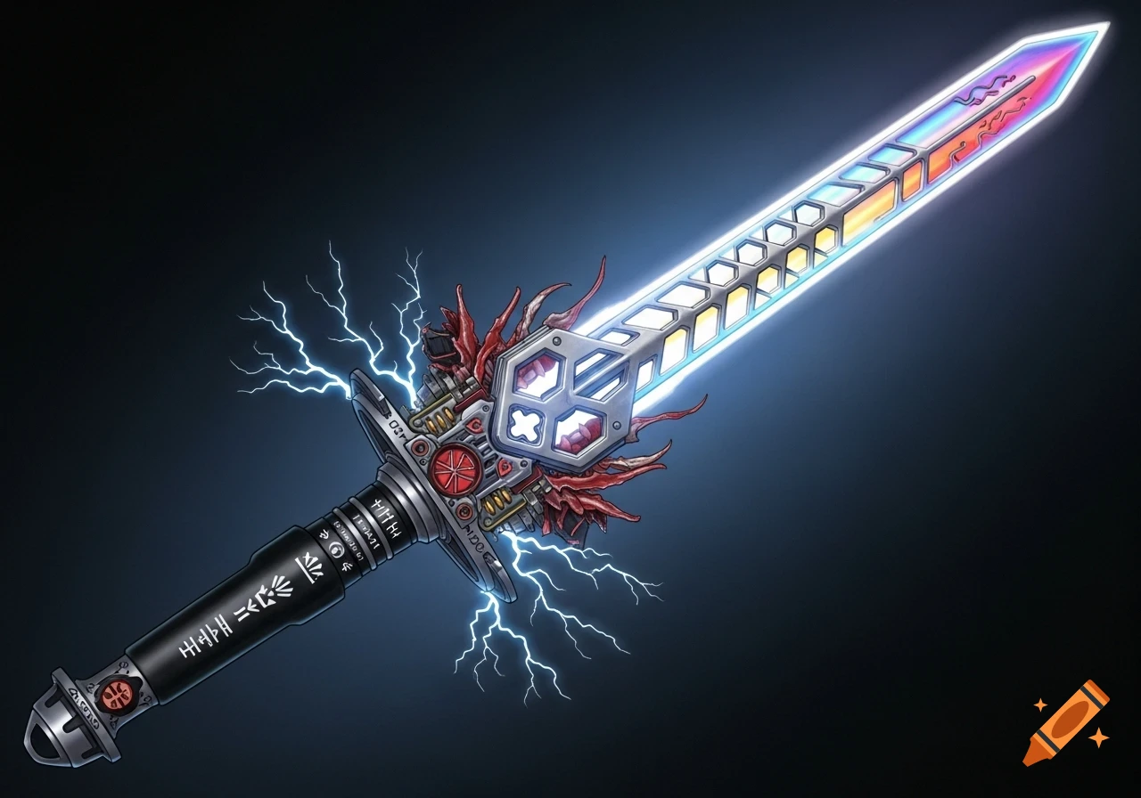Detailed sci-fi sword with a glowing rainbow blade, intricate hilt, and electric blue lightning.