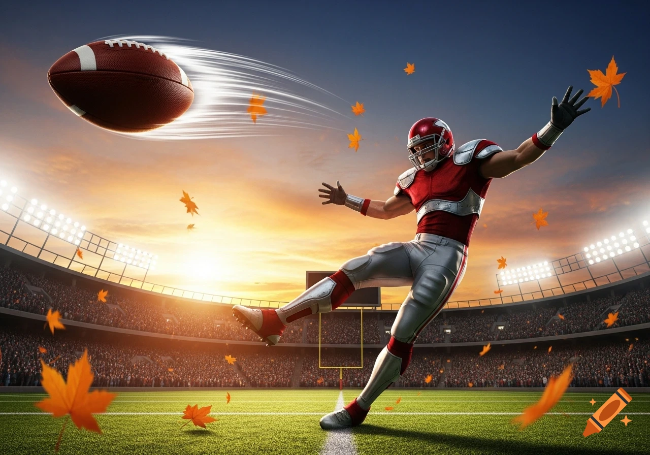 A football player in red and silver uniform kicks a football in a stadium with fall leaves at sunset.