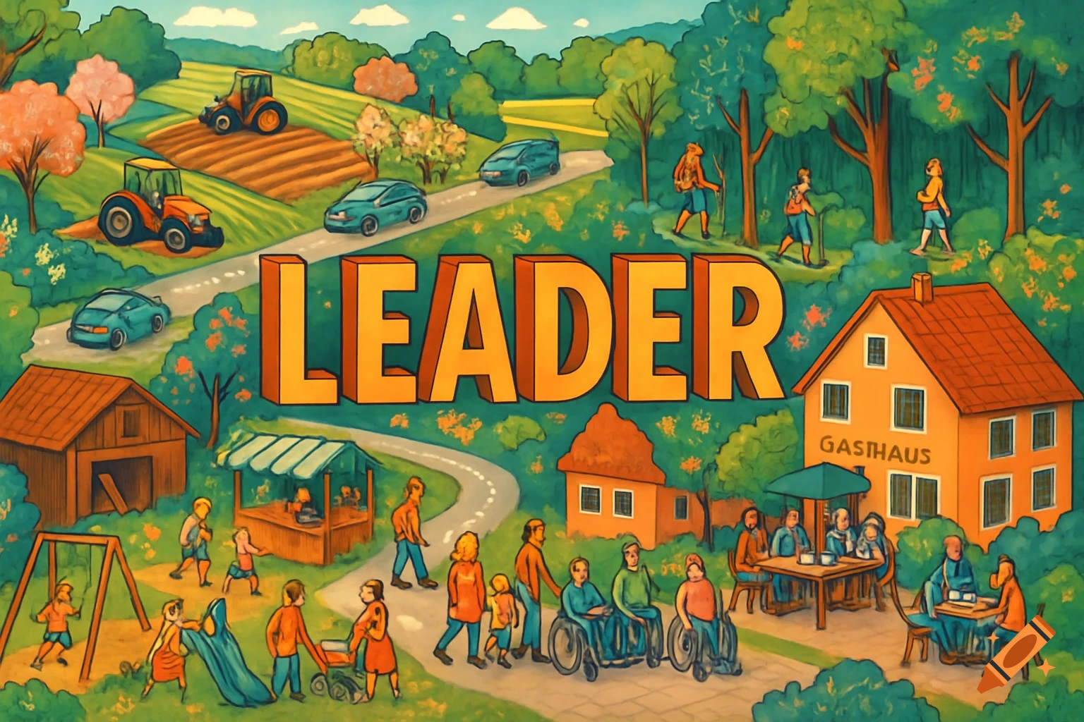 A colorful, busy illustration of a rural village with people farming, hiking, playing, and dining. The word LEADER is prominent.