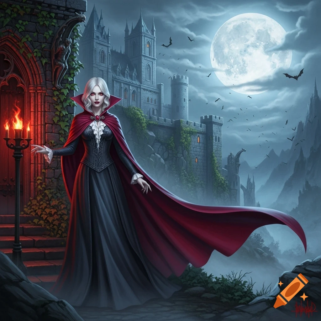 A white-haired vampire in a black dress and flowing red cape stands before a gothic castle under a bright full moon, with bats flying.