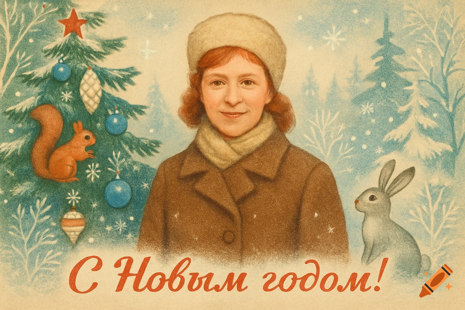 Vintage illustration of a woman in winter clothes with a Christmas tree, squirrel, and bunny, with "Happy New Year" in Cyrillic.