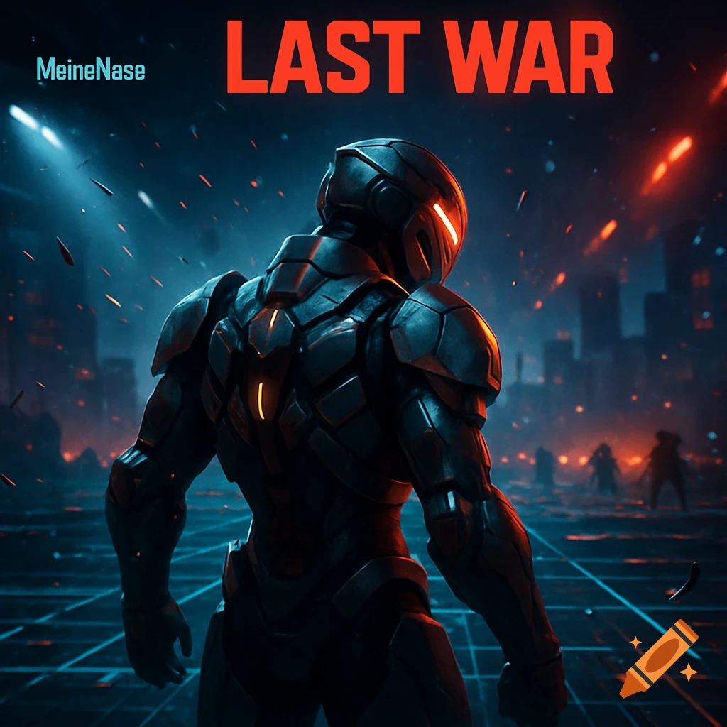 A futuristic soldier in black power armor stands, looking over a war-torn city with glowing debris under text "MeineNase LAST WAR".