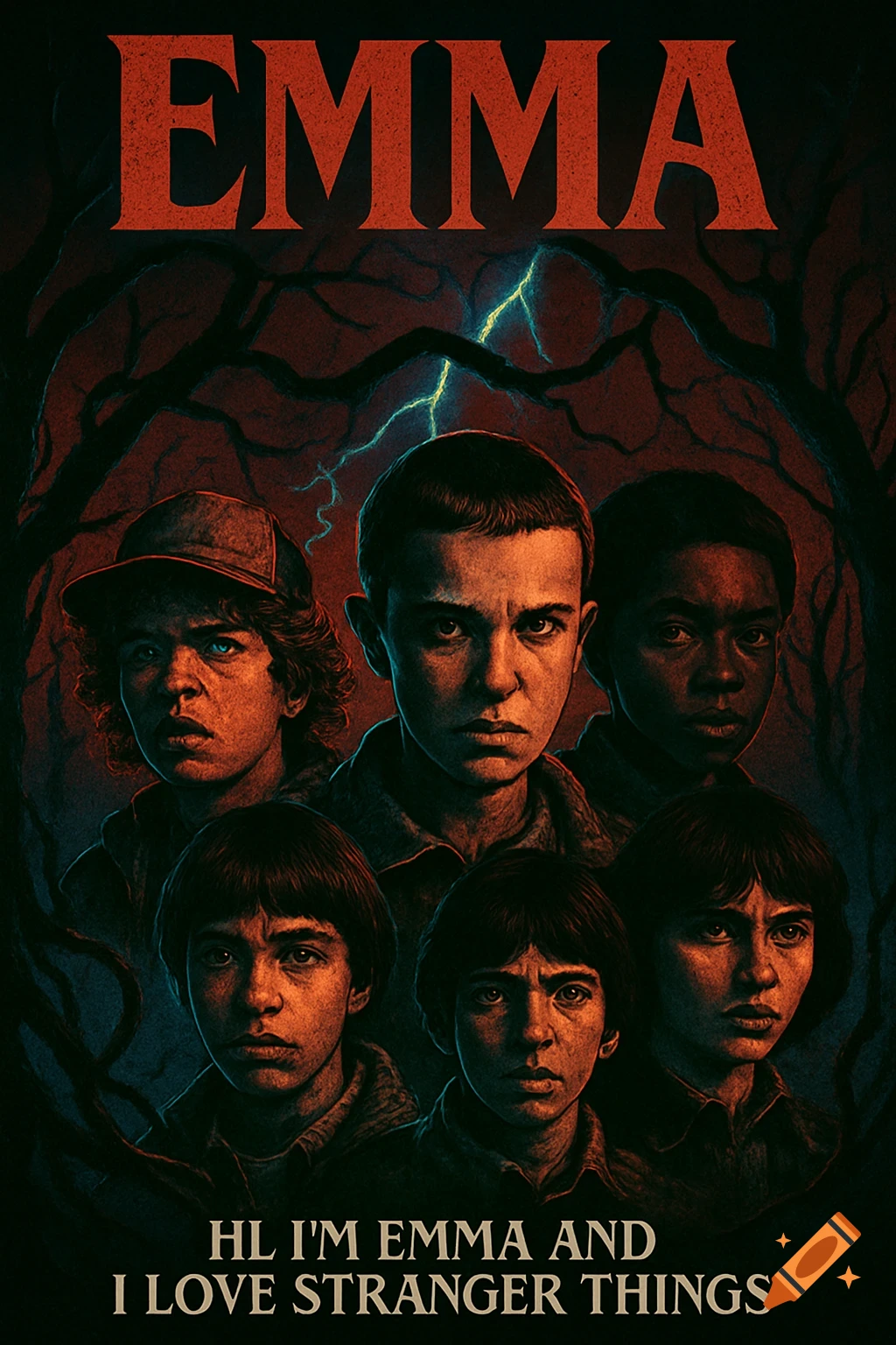 Stylized poster with five young people from Stranger Things, dark trees, lightning. Text reads 'EMMA' and 'HL I'M EMMA AND I LOVE STRANGER THINGS'.