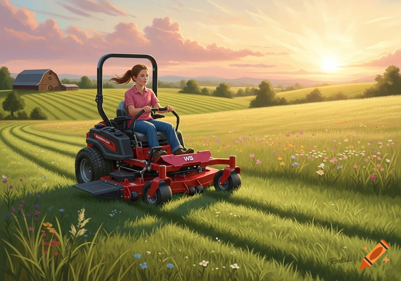 An illustration of a young girl operating a red zero-turn mower in a field at sunset, with a barn in the background.