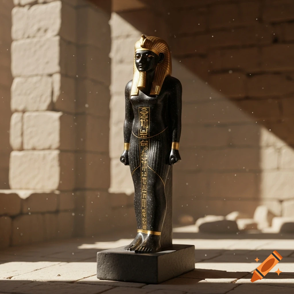 A photorealistic black statuette with gold accents, resembling an ancient Egyptian figure, stands in a sunlit stone temple.