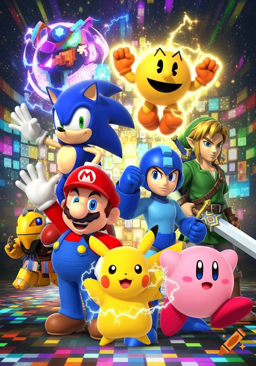 Mario, Sonic, Pac-Man, Mega Man, Pikachu, Link, and Kirby pose together against a colorful, sparkling background.