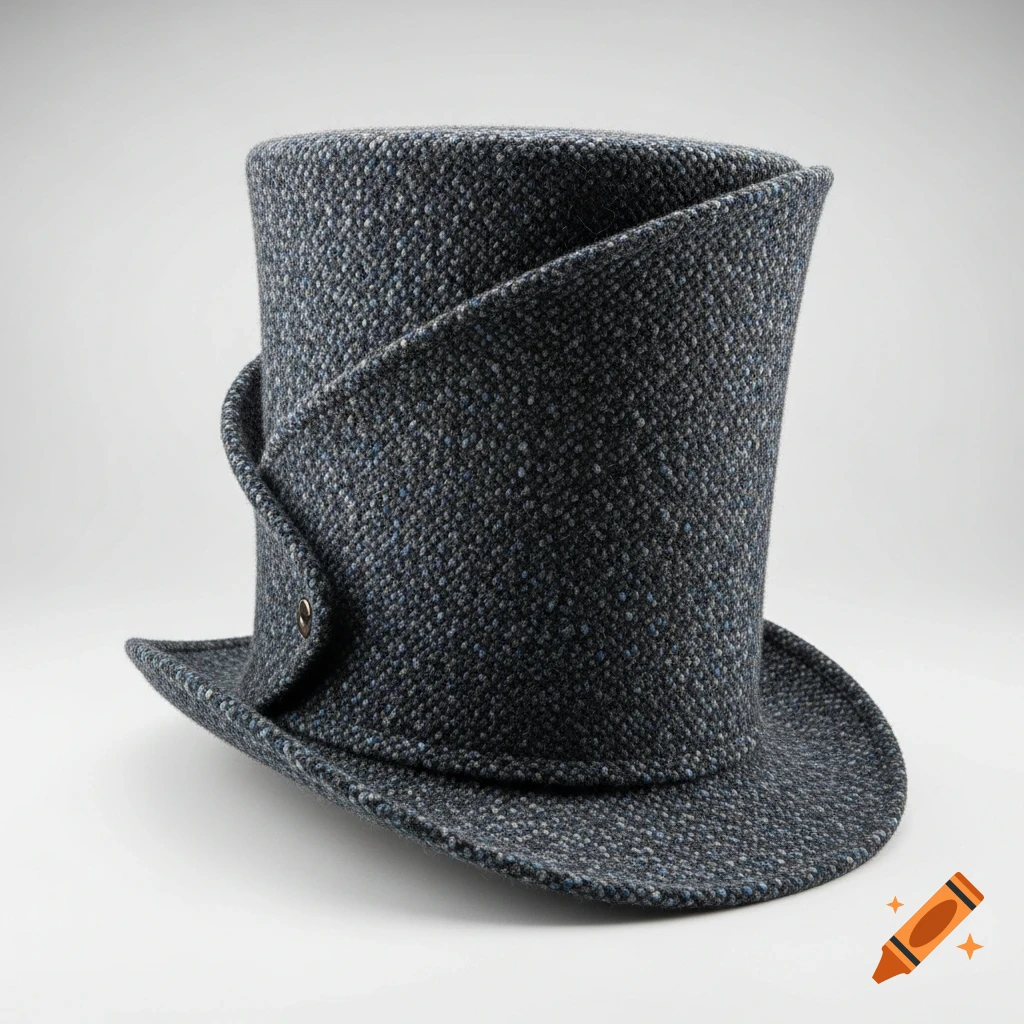 A unique dark grey wool top hat with an asymmetrical brim, exaggerated height, and a woven texture, on a white background.