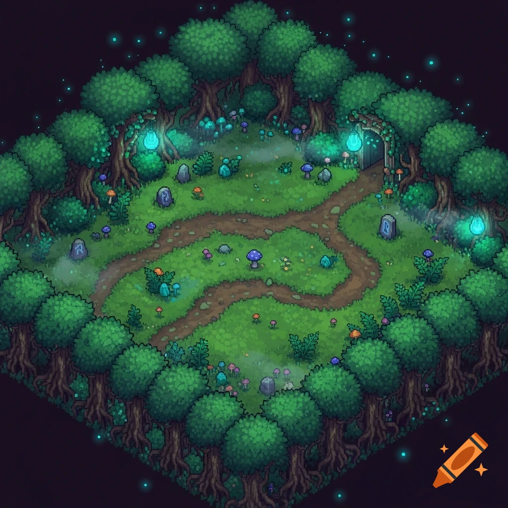 Top-down isometric pixel art of a glowing enchanted forest with winding dirt paths, rune stones, and mushrooms.