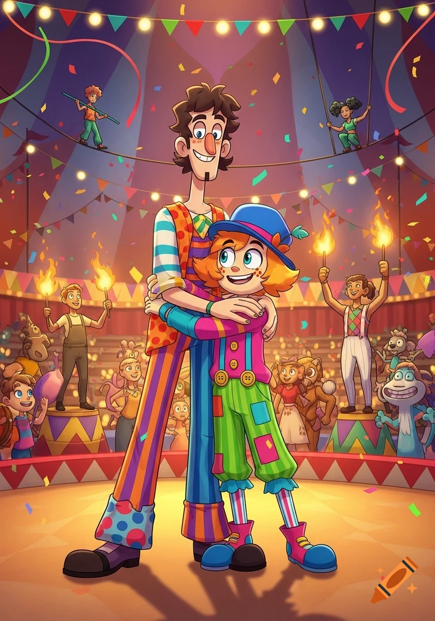 Two cheerful cartoon clowns, an adult and a child, hug inside a vibrant circus tent filled with performers and confetti.
