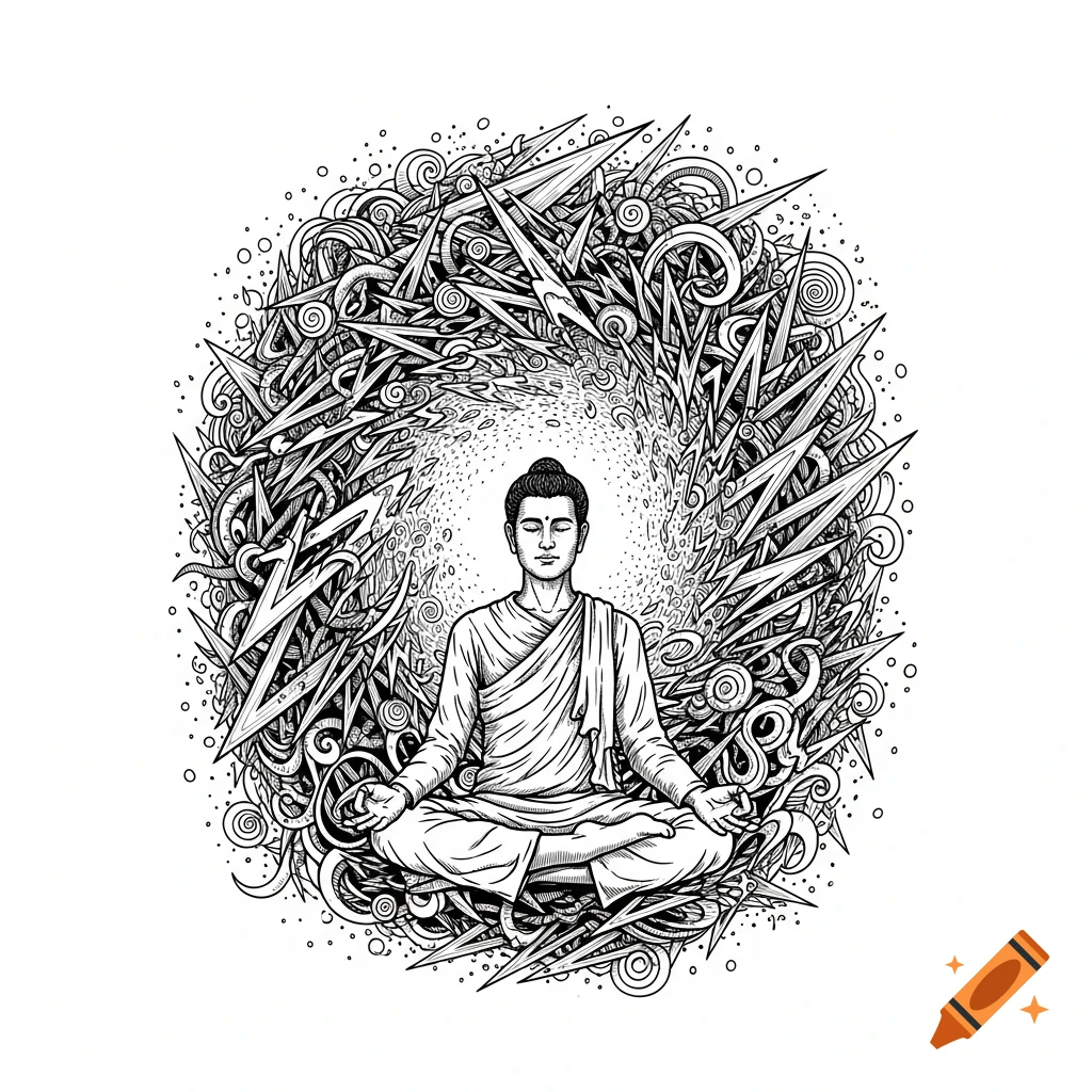 Black and white ink drawing of a meditating man, possibly Buddha, seated amidst swirling, chaotic abstract patterns.