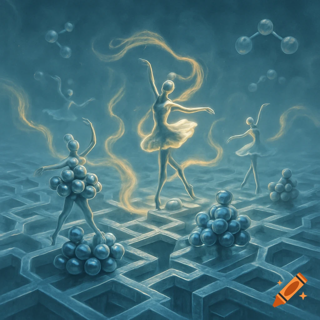 Three ethereal ballet dancers pose on a maze-like floor, surrounded by floating molecules and glowing golden ribbons in a blue, surreal environment.