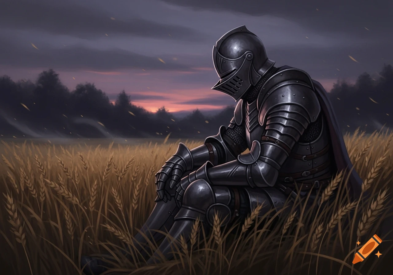 A melancholic knight in full armor sits in a wheat field under a dramatic twilight sky, dark fantasy art.