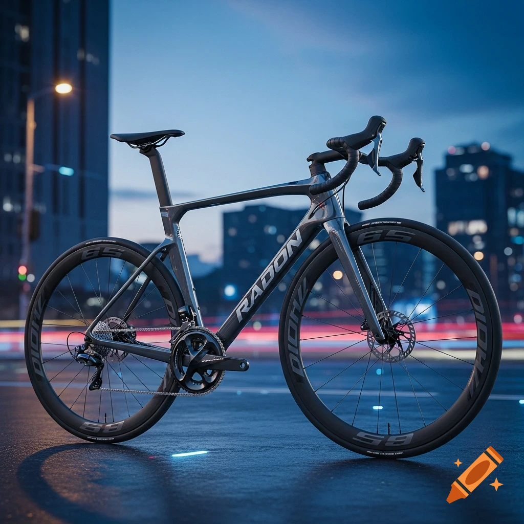 A sleek, grey road bicycle with aero wheels stands on a wet street at dusk, with city buildings blurred in the background.